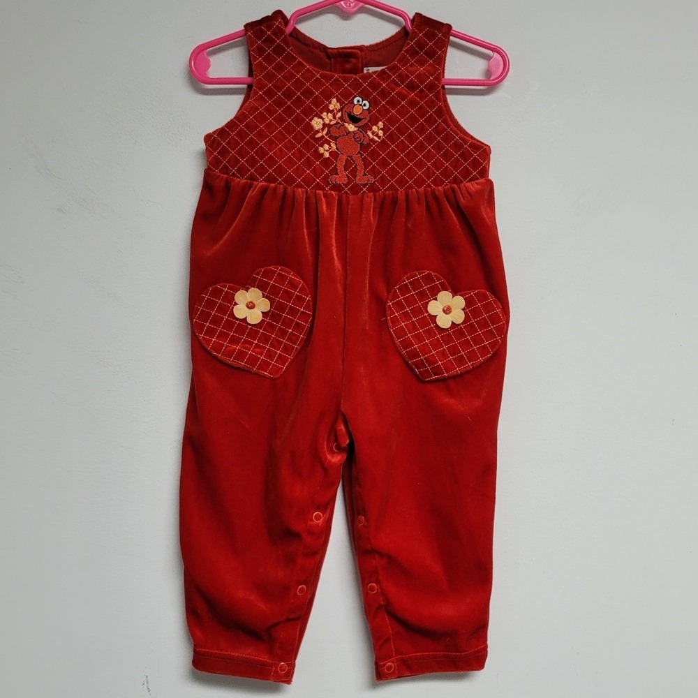 Vintage Sesame‎ Street Elmo Girls 12M One Piece Romper Heart Red Velvet Snap